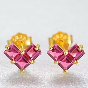 **14K Gold Vermeil Ruby Red Heart Studs • S925 Silver • Minimalist